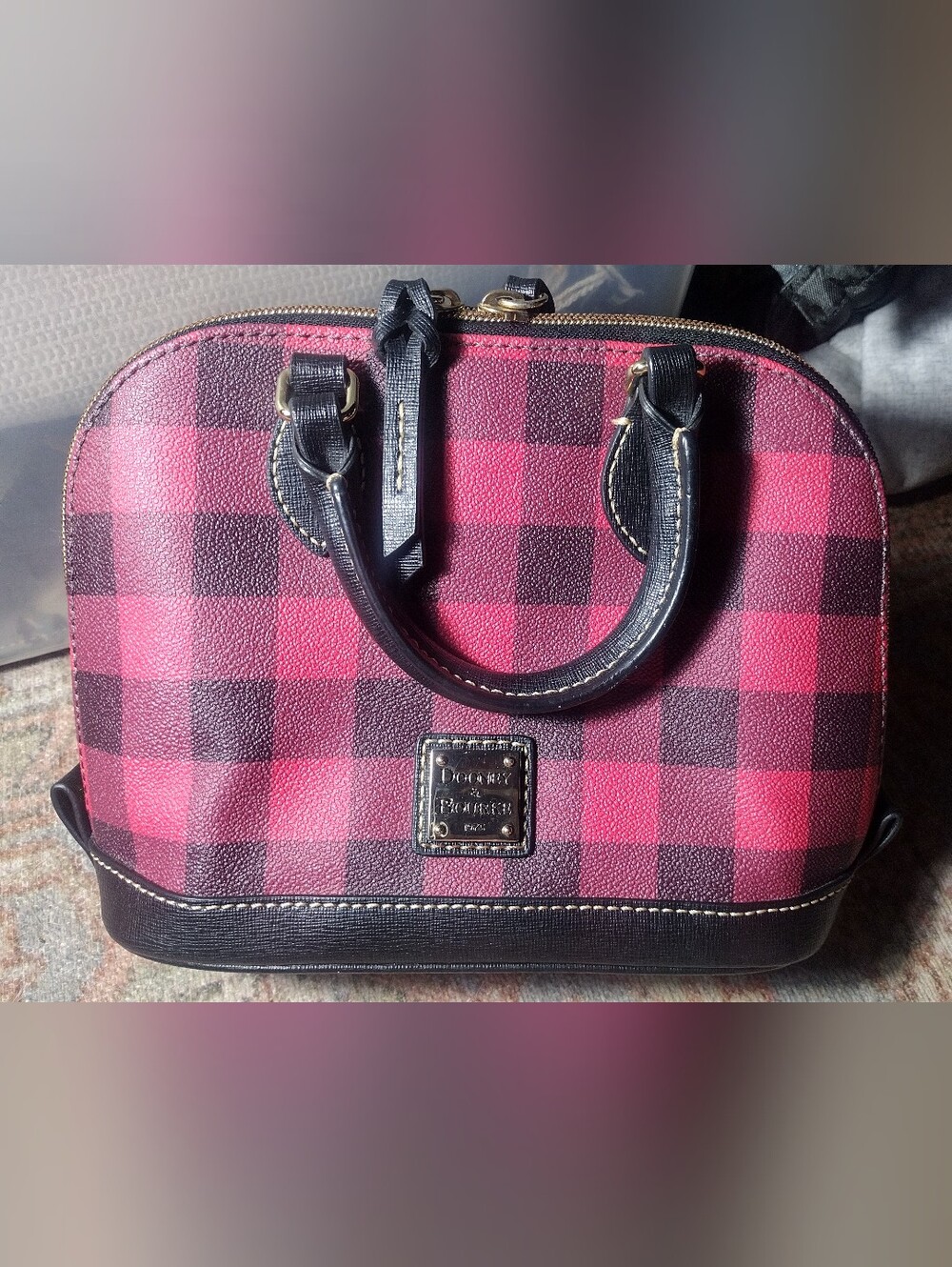 Dooney & Bourke Red and Black Plaid Mini Satchel In Coated Canvas